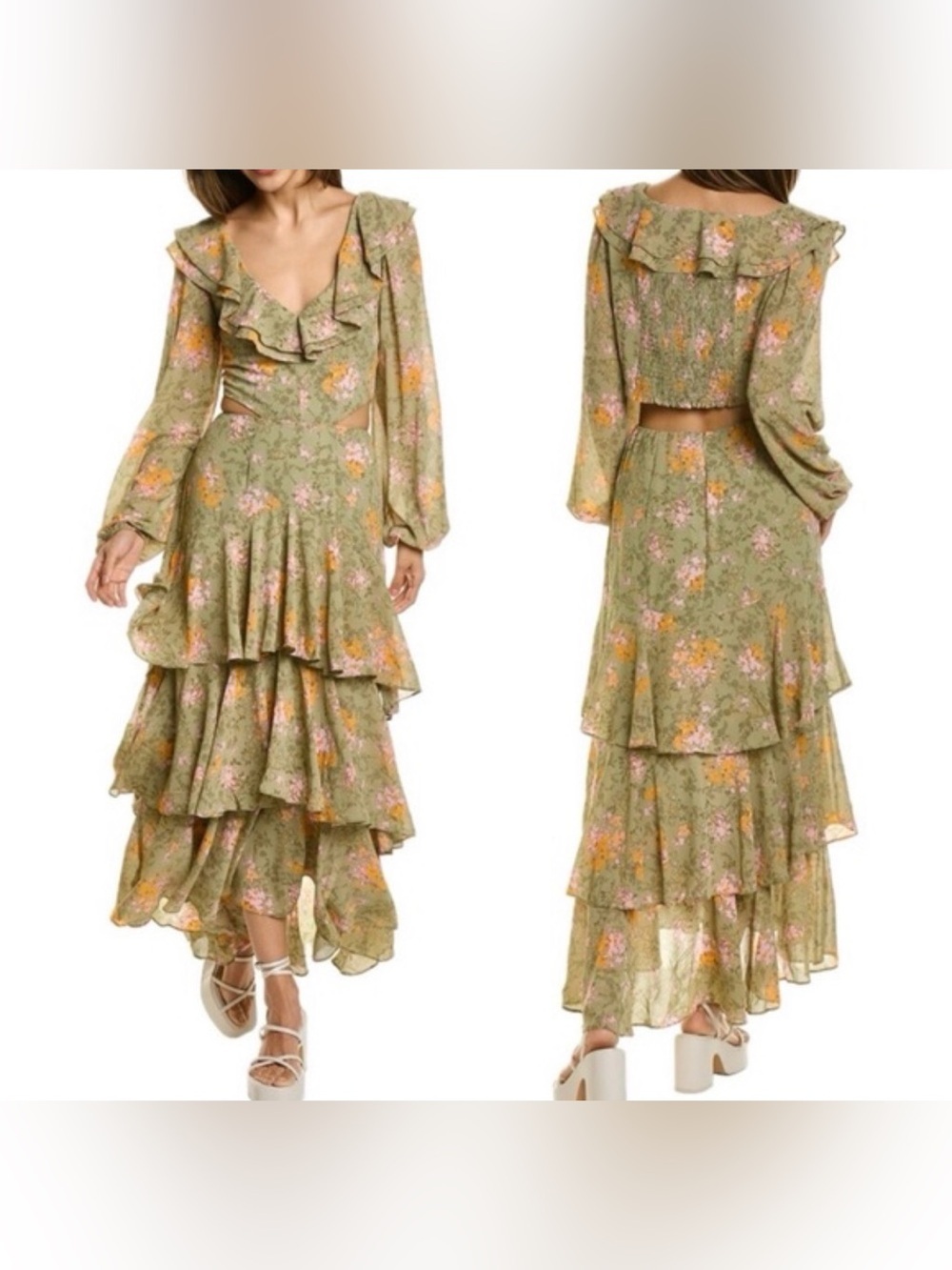 WAYF Floral Ruffle Tiered Cottagecore Feminine Cut Out Green Maxi Dress Small